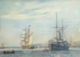 An outward-bound barquentine passing a cruiser out by B. F. Gribble, watercolour, sold Jun 2025