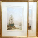 Frigates and fishing boats at anchor by Bernard Benedict Hemy, watercolor, sold Jun 2025