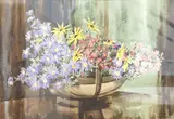 Still life of flowers in a trug by C.V. Parker, watercolour, sold Jun 2025