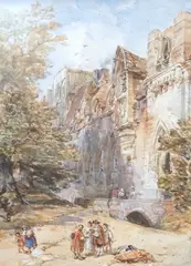 Figures before castle walls by George Cattermole, watercolour, sold Jun 2025