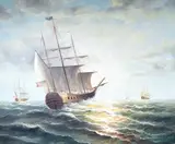 Three-masted sailing vessel at sea by Ernest Ponthier, oil on canvas, offered May 2025