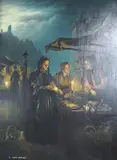 Street vendors by candlelight by R. van Molen, oil, sold May 2025