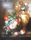 Still life with flowers in a vase on a ledge by R. Gessner, oil on panel, sold May 2025