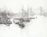 Tower Bridge with barges by William Lionel Wyllie, etching, sold May 2025