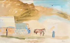 Horse and wagon by István Szőnyi, pencil and watercolour, sold May 2025