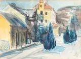Village street scene by Bernath Aurel, watercolour, sold May 2025
