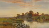 Riverscape with flock of sheep by Noel Smith, watercolour, sold May 2025