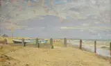 Aldeburgh, Unsettled weather by Gerald Gardiner, 1957, oil on board, sold May 2025