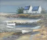 Brittany coastal scene with cottages by Jean LeGuen, oil on canvas, sold May 2025