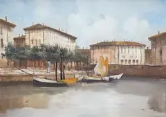 Venetian canal scene by Guido Borelli, oil on canvas, sold May 2025