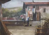 Italian village scene with figures by Guido Borelli, oil on canvas, sold May 2025