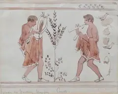 Classical figures playing instruments by Emile Roux, watercolour, sold May 2025