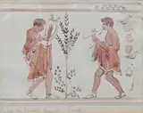 Classical figures playing instruments by Emile Roux, watercolour, sold May 2025
