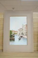 Venetian canal with gondolas by Andrea Biondetti, watercolour, offered May 2025