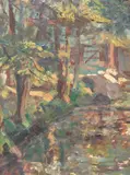 Sunlight across a wooded stream by Diana Maxwell Armfield, oil on canvas, sold Apr 2025