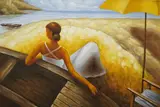 Woman seated on a beach by P. Grunter, oil on canvas, sold Apr 2025