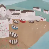 Harbour view with moored fishing boats by Katty Mcmurray, oil on canvas, sold Apr 2025