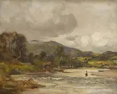 Riverscape with angler by William Stewart MacGeorge, oil on canvas, sold Apr 2025