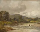 Riverscape with angler by William Stewart MacGeorge, oil on canvas, sold Apr 2025