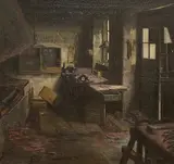 Interior scene in a forge by Christian Aigens, oil on canvas, sold Apr 2025