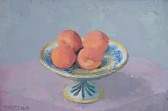 Still life of apricots by Trekkie Parsons, oil on board, sold Apr 2025