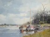 Boats on the River Crouch, Holbridge, Essex by Josiah John Sturgeon, oil, sold Apr 2025