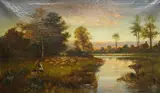 Riverscape with figures and a flock of sheep by D. Varley, oil on canvas, sold Apr 2025