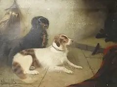 Study of two dogs in an interior by George Armfield, oil on canvas, sold Apr 2025