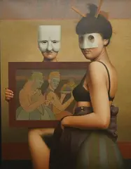 Maskers by Jane Lewis, oil on canvas, sold Apr 2025