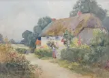 Figures before a country cottage by Noel Smith, watercolour, sold Apr 2025