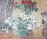 Still life of flowers by Montague Leder, oil on canvas, sold Apr 2025
