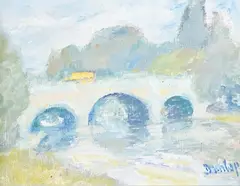 Bridge over water by Ronald Ossory Dunlop, oil on board, offered Apr 2025