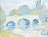Bridge over water by Ronald Ossory Dunlop, oil on board, offered Apr 2025