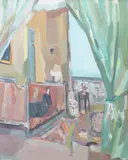 Interior scene by Dora Blanka, oil on board, sold Apr 2025