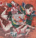 Abstract figure scene by Lu Peng, 2007, ink and colour on paper, sold Apr 2025