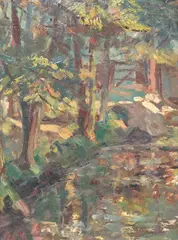 Sunlight across a wooded stream by Diana Maxwell Armfield, oil on canvas, sold Apr 2025