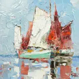 Moored fishing boats by Frank Getty, oil on canvas, sold Apr 2025