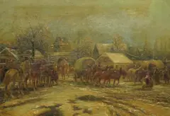 Winter landscape with equestrians by Gustav Prucha, oil on wood, sold Apr 2025