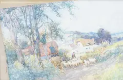 Shepherd and flock in a country landscape by Yeend King, watercolour, offered Mar 2025