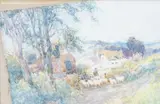 Shepherd and flock in a country landscape by Yeend King, watercolour, offered Mar 2025
