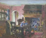 Cottage interior by Gertrude Mary Coventry, oil on board, sold Mar 2025