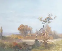 Autumnal landscape by Henry G. Moon, oil on canvas, sold Mar 2025