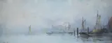 Riverscape with boats by John Bale, oil on card, sold Mar 2025