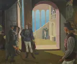 Theatrical scene by James Cleaver, oil on canvas, sold Mar 2025