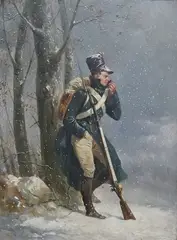 French soldier in a winter landscape by Alfred de Prades, oil on board, sold Mar 2025