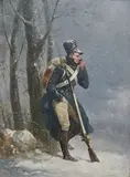 French soldier in a winter landscape by Alfred de Prades, oil on board, sold Mar 2025