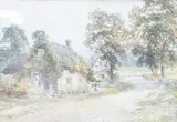 Cottage in a wooded country landscape by Albert E. Gyngell, watercolour, offered Mar 2025