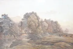 Riverscape with resting cattle, provenance details verso, 58 x 88cm by John Conor, watercolour, sold Mar 2025