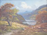 Mountainous river landscape with sheep grazing by Sydney M. Broad, oil on board, sold Mar 2025