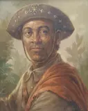 Portrait of a Native before foliage by Edmundo Migliaccio, oil on canvas, sold Mar 2025